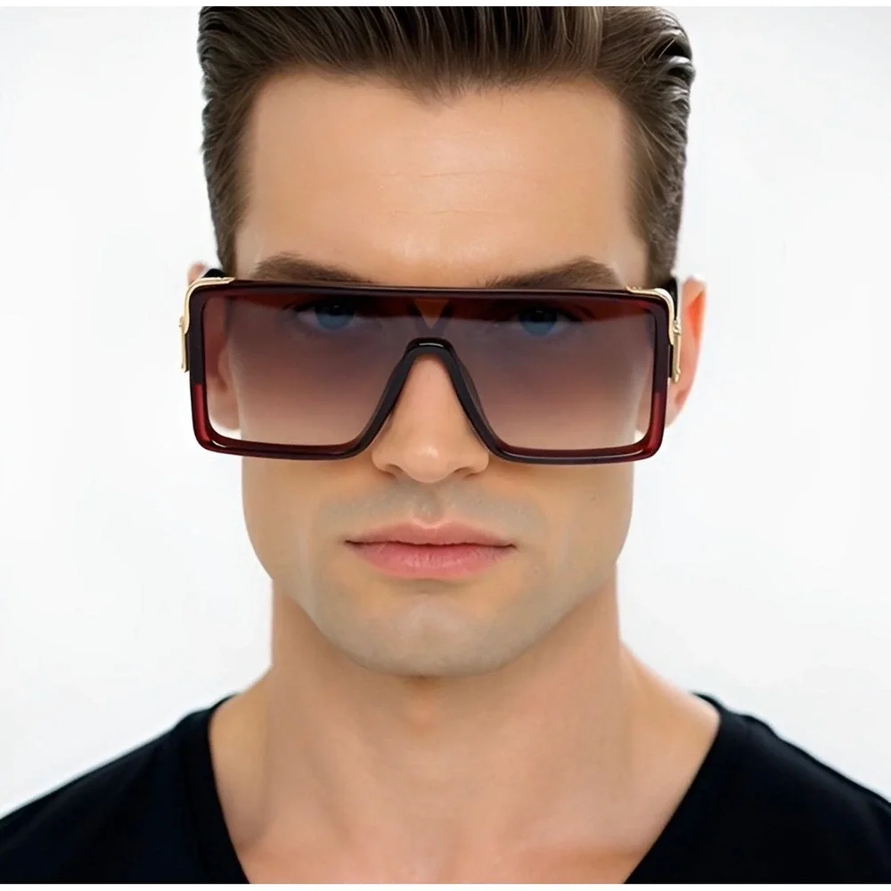 Mens Rectangular Fashion Sunglasses Brown Gradient Gold Accents Retro Modern New